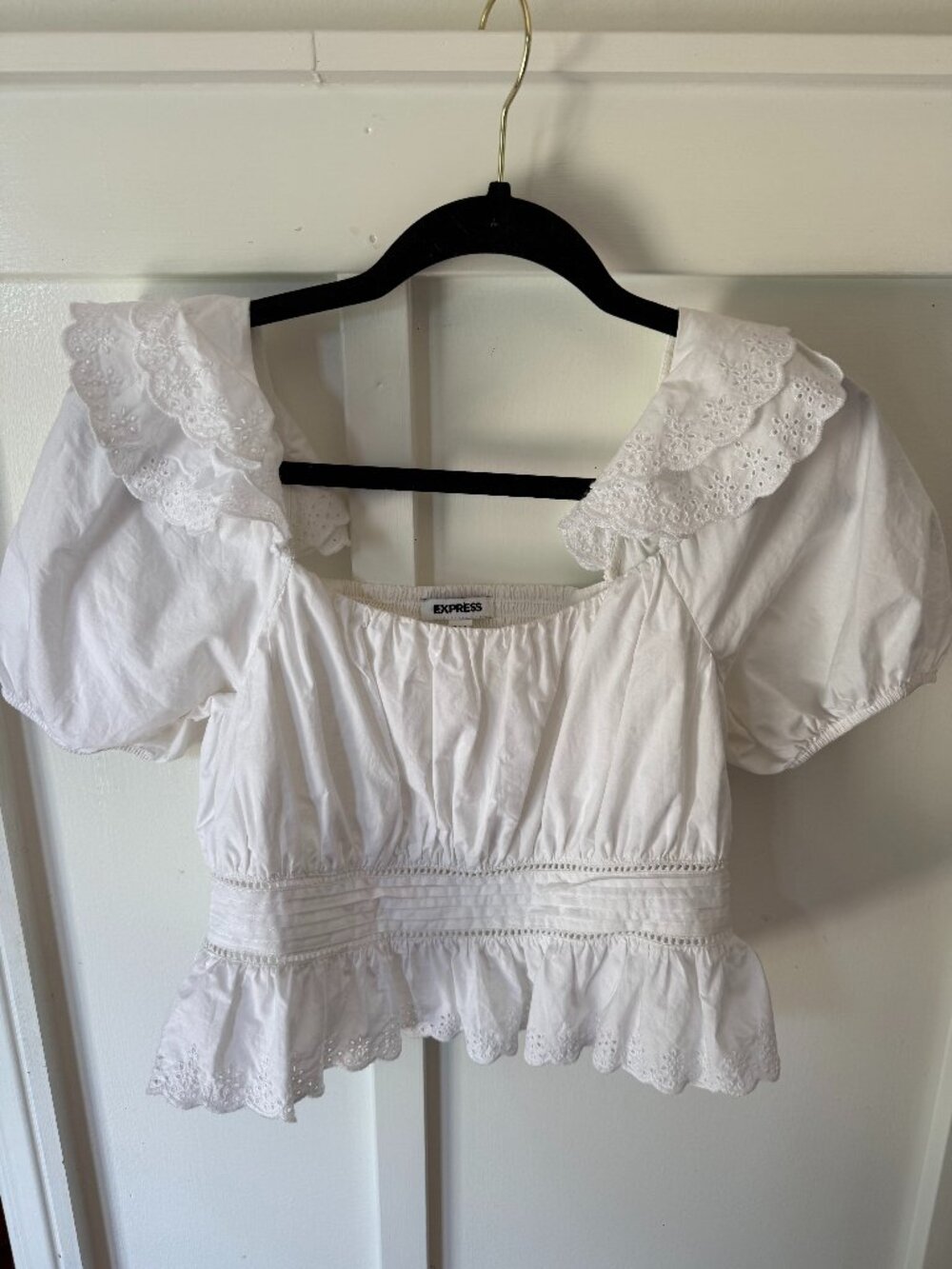 Express White Eyelet Peter Pan Collar Peplum Blouse | S
